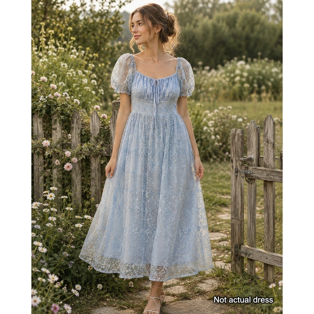 Womens Ethereal Fairy Milkmaid Daisy Tulle Puff Sleeve Dress XL Blue Cottage
